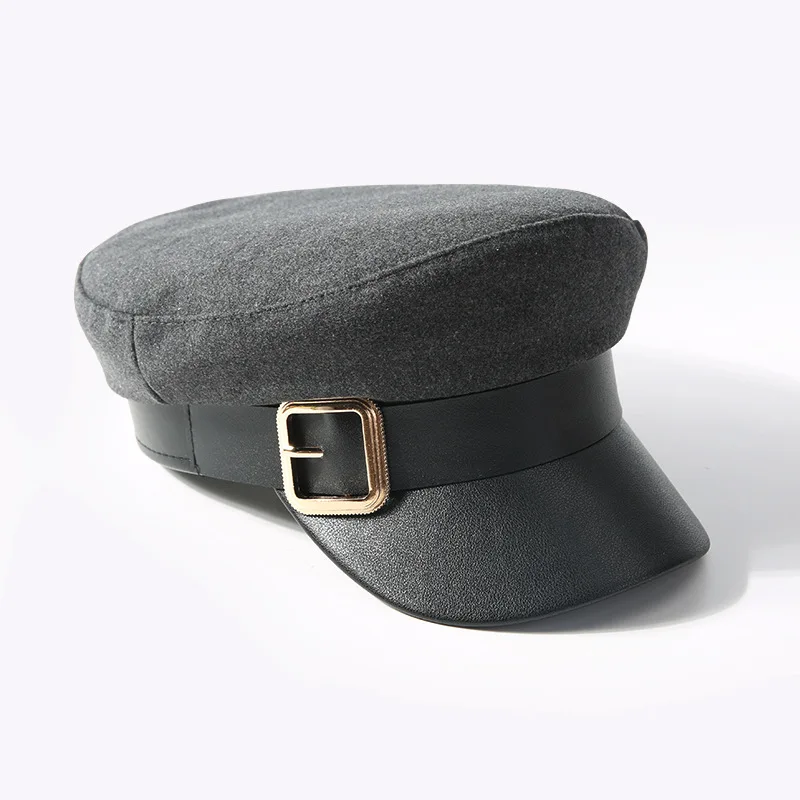 Military Hat Fashion PU Leather Spring Cotton Sailor Hat For Women Belt Buckle Black Grey Flat Top Beret Newsboy Cap Captain Cap