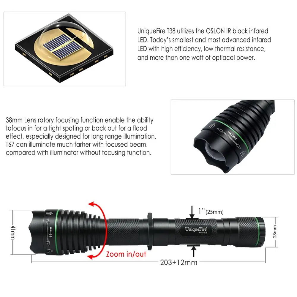 UniqueFire 1508 IR 850nm светодиодный осветительный фонарик T38 выпуклая линза портативный