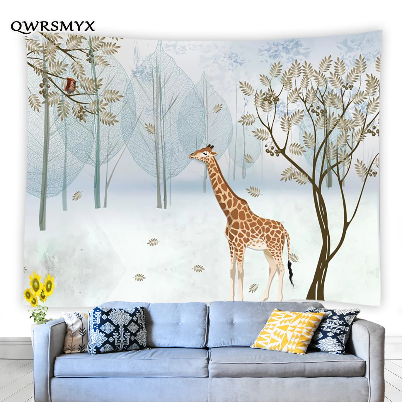 Tapiz de bosque de ciervos en invierno, Impresi&oacute;n de paisaje Animal, colgante de pared, sala de estar, dormitorio, decoraci&oacute;n de pared, tapices, arte est&eacute;tico para el hogar-4