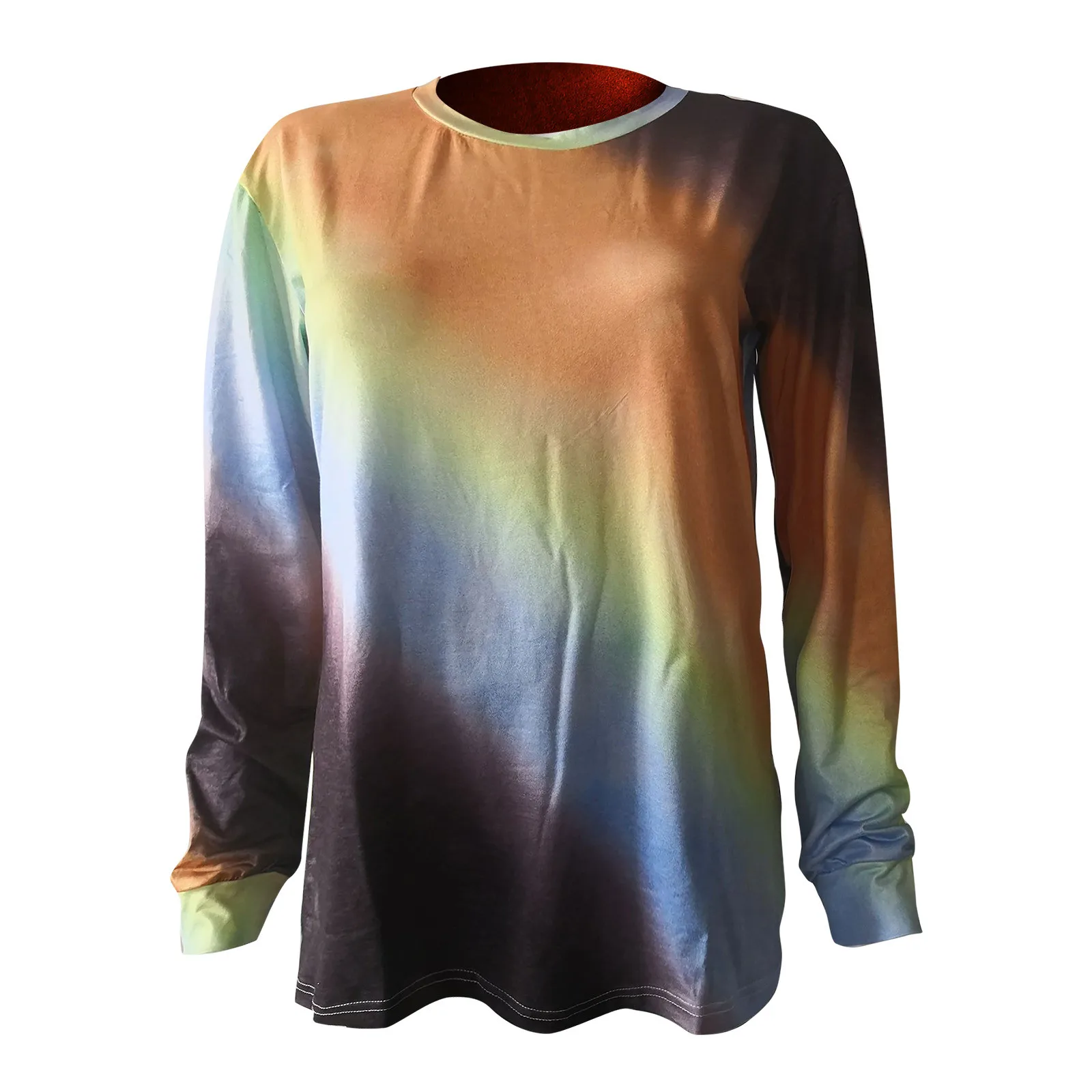 

Tie Dye T-shirts For Womens Long Sleeve Autumn Winter All-match Round Collar Tee Tops Gradient 2021 Female Slim Harajuku Tee