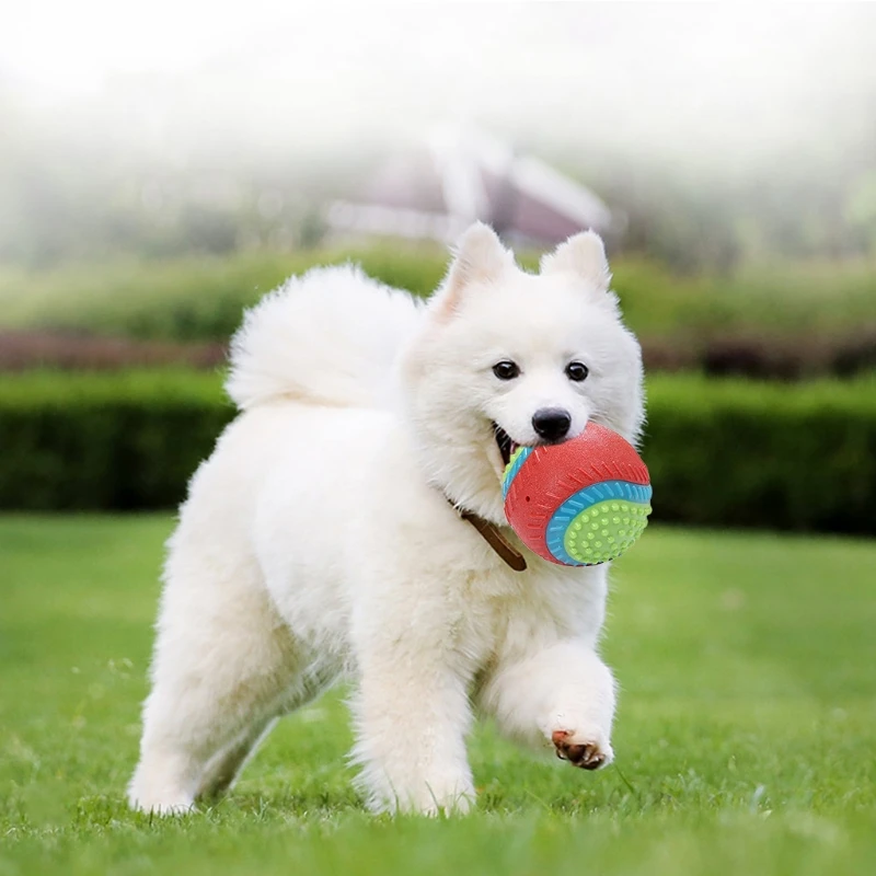 

Dog Toy Ball Colorful with Beef Flavor Teeth Cleaning Squeak Chew Toys G99A