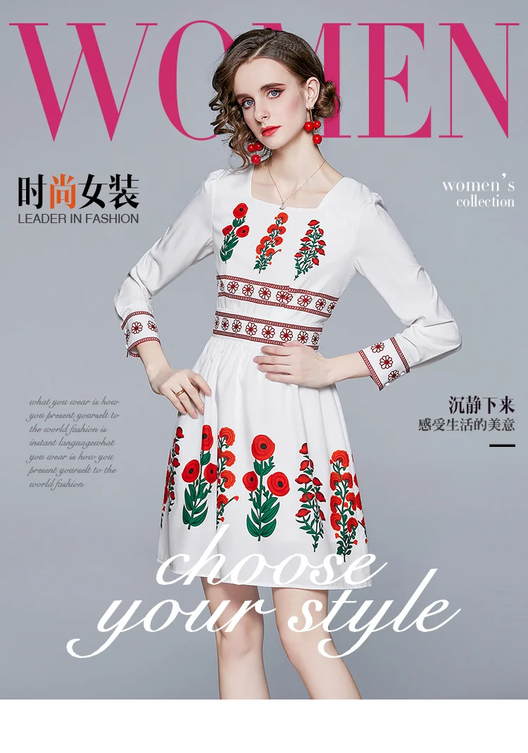 

For Women Dresses 2021 New Cotton Office Lady A-Line Print Full Dresses Above Knee Mini Party Night Elegant Women Spring Dresses