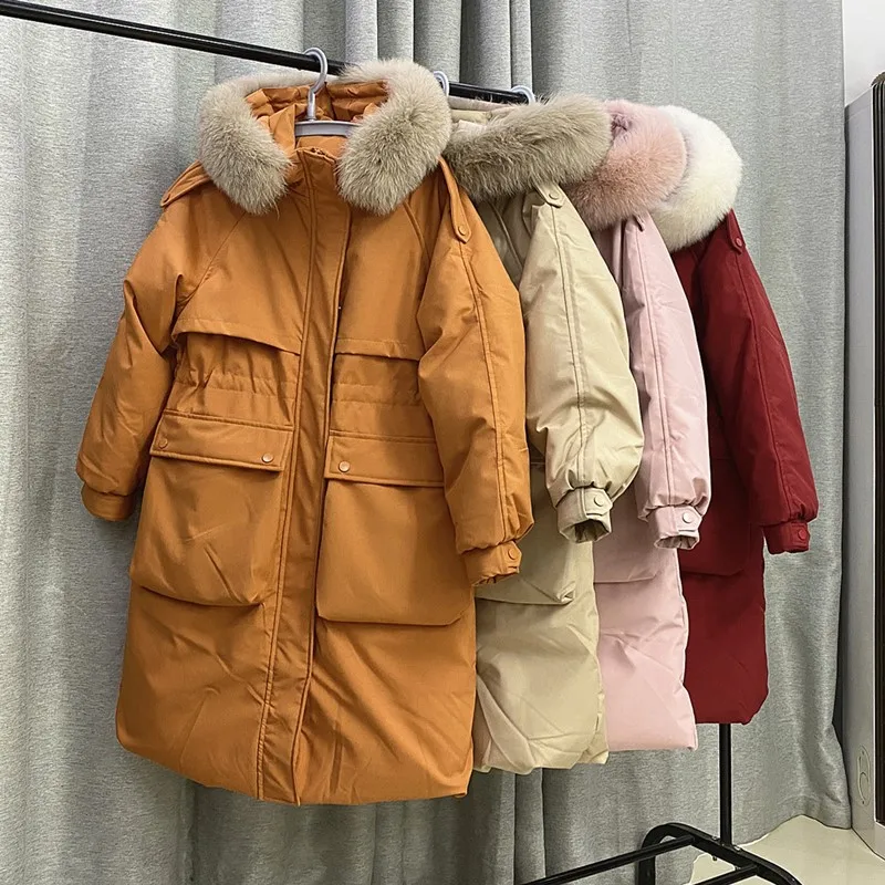 

Down jacket women's mid-length 2021 winter new loose and thick big fur collar to overcome the white duck down coat