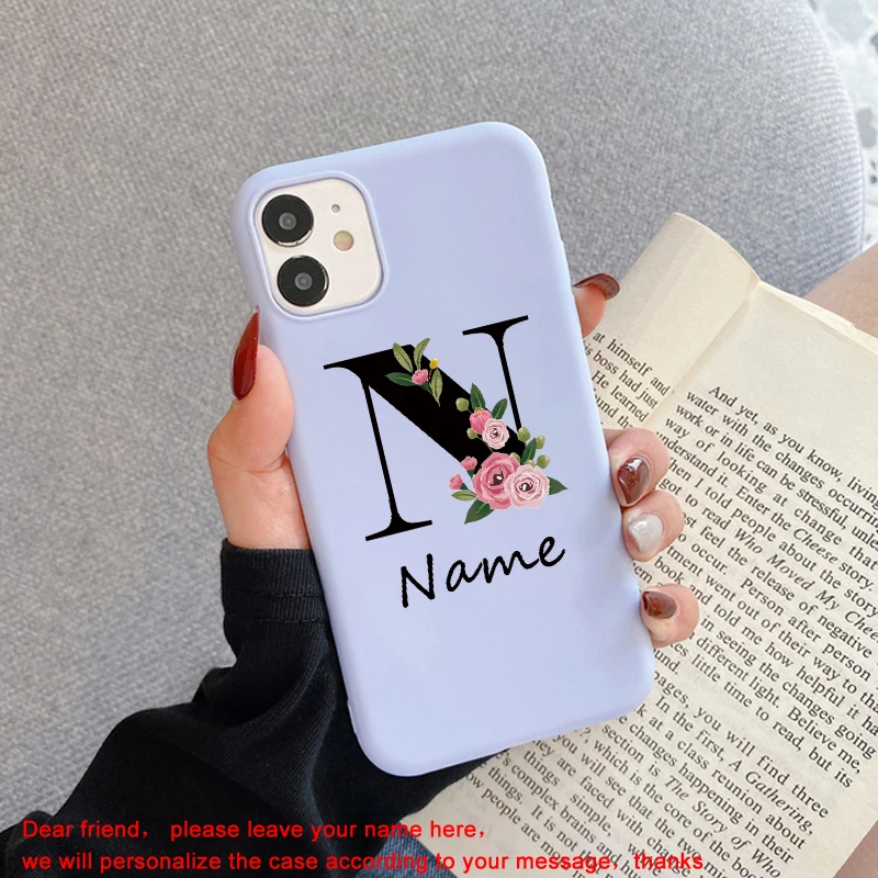 Flowers Diy For iphone 11 12 13 Pro Mini Phone Case Custom Capital Letters Name For X XS Max XR 7 8 Plus SE New Silicone Cover