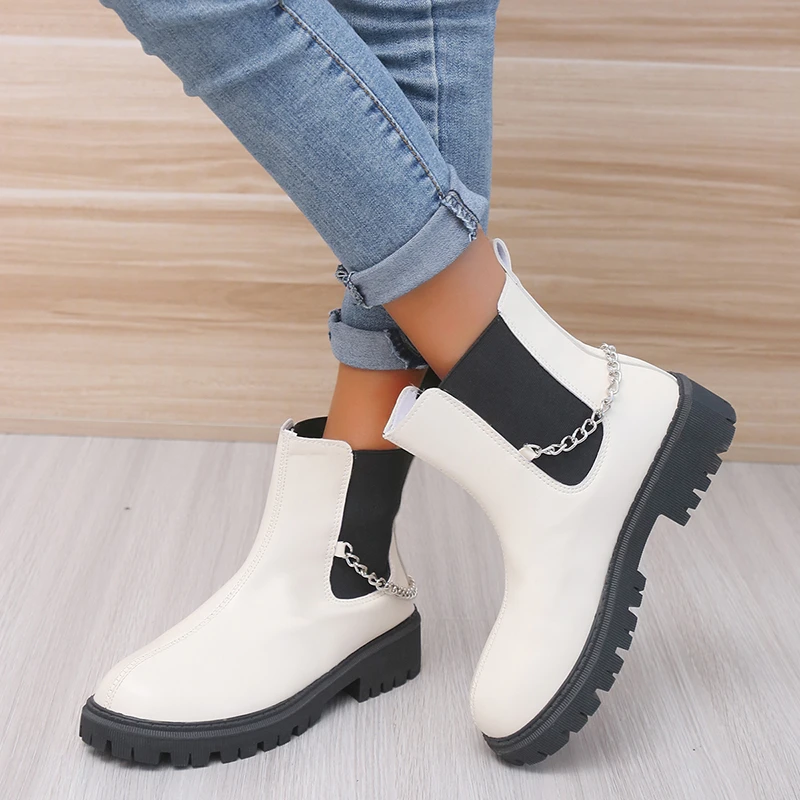 

2021 New Women Chelsea Boots Fashion Silver Chain Design Women Ankle Boots Chunky Heel Platform Ankle Boots for Women