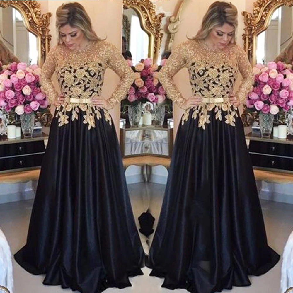 

New Stylish Evening Dresses Long 2021 Long Sleeves Gold Applique Black Satin Prom Gown Belt Gorgeous Plse Vestidos de fiesta