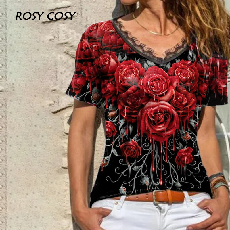 

Vintage Women Lace V-Neck Rose Printed Blouse Casual Lady Short Sleeve Slim Shirts Elegant Femme Streetwear Blusa Plus Size 5XL