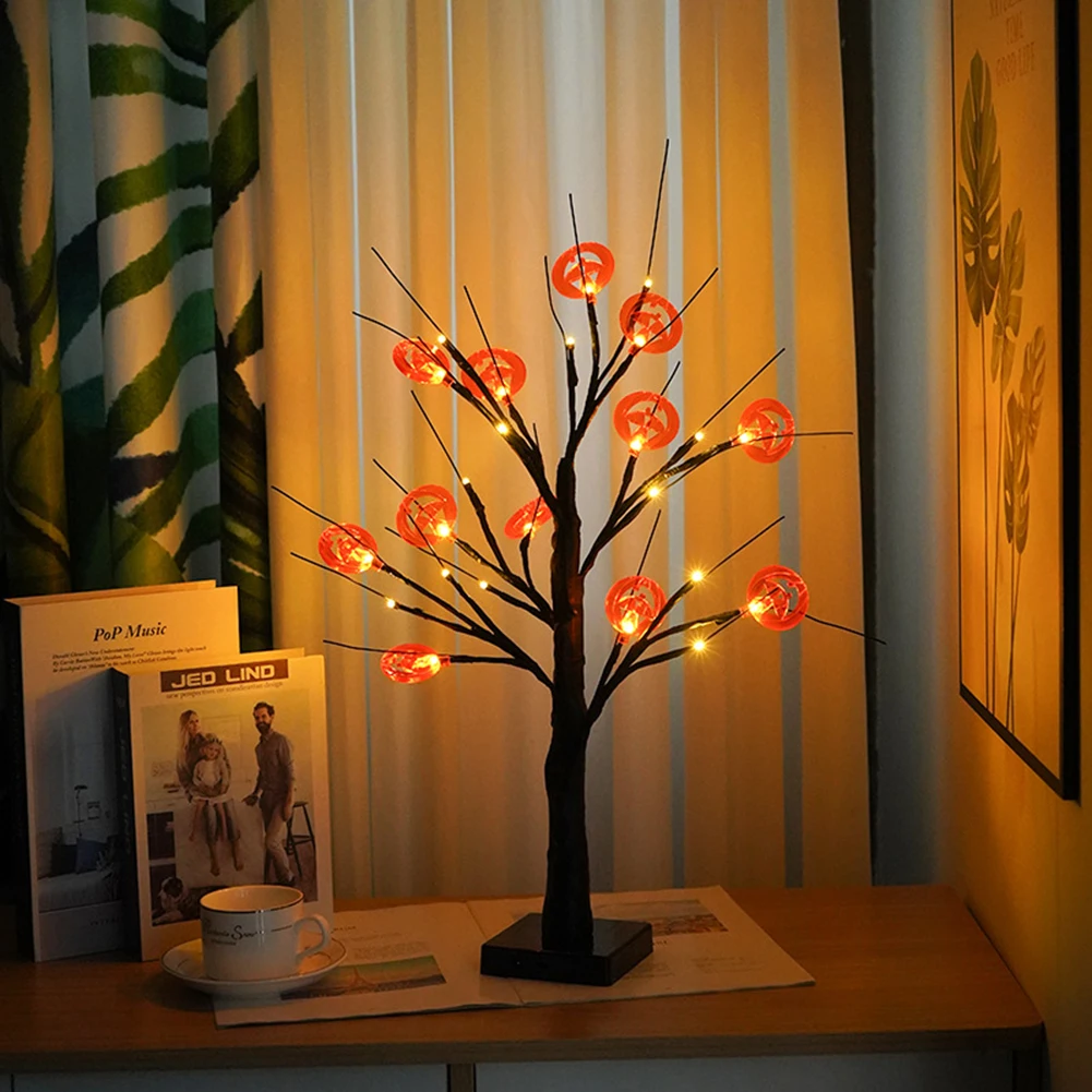 

LED Creative Simulation Tree Lamp Halloween Glowing Pumpkin Decoration Ghost Festival Bat Tree Light Home Office Ornament