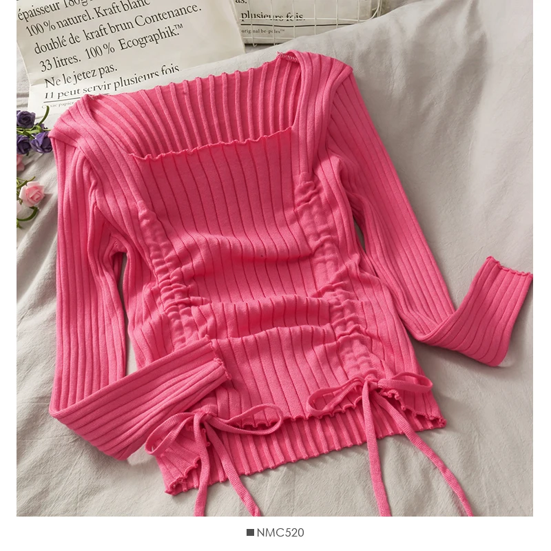 

Women Fashion Slim Bodycon Drawstring Pleated Solid Knitted Blouse Lady Sweet Casual Outdoor Top Girls Elegant Daily Basic Shirt