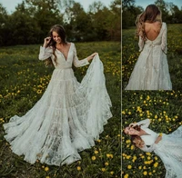 vkbridal bohemian long sleeve lace wedding dresses a line white bridal dresses open back vestido de noiva bridal gowns