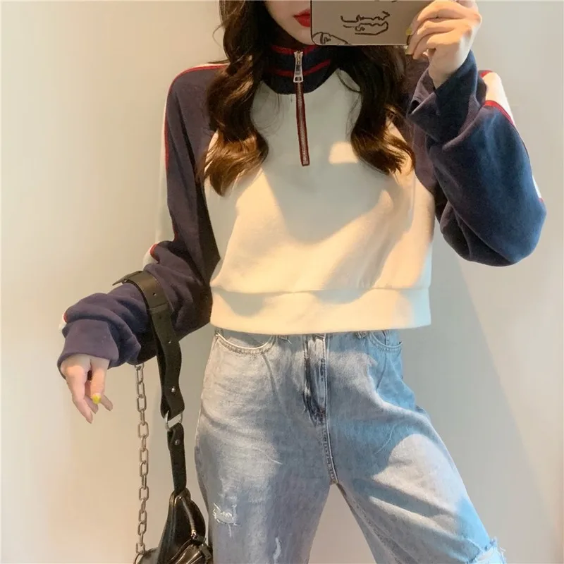 

Hoodies Women Patchwork Short Style Turtleneck Zipper Friends Streetwear Harajuku Girls Casual All-match Daily Chic Clothing New