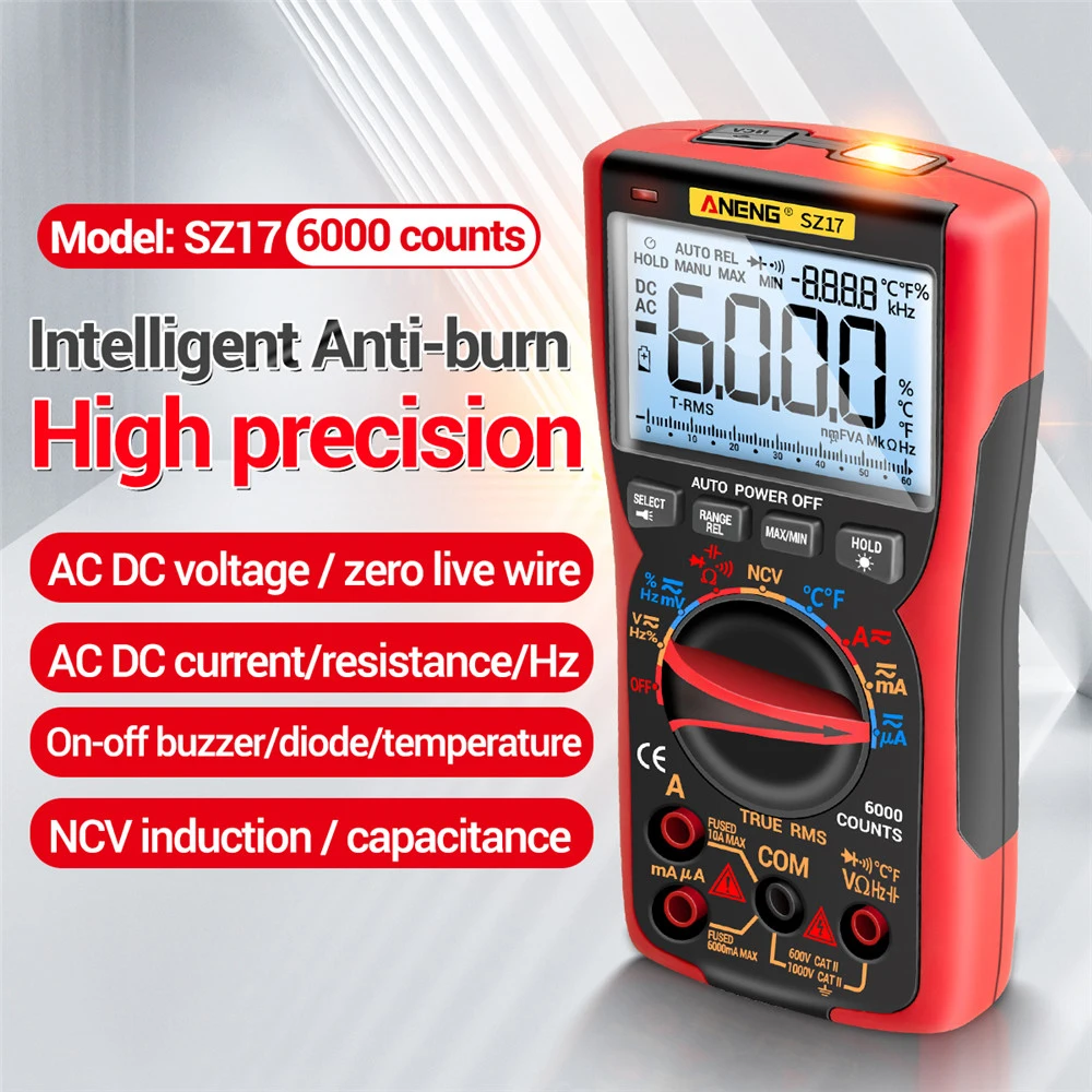 

ANENG SZ17 DIY Transistor Capacitor NCV Detector Lcr Meter Digital Multimeter 6000 Professional True RMS AC/DC Analog Tester