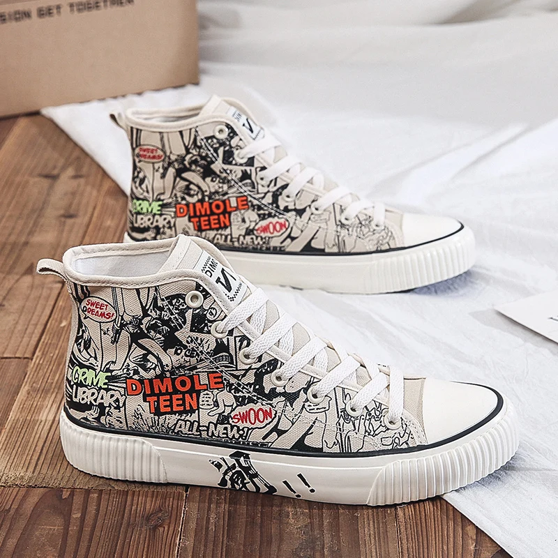 Mens Casual High-top Shoes Fashion Men Tennis Breathable Canvas Sneakers Male Trainers Skateboard Graffiti Trend Tides Shoes kedrick brown trend trading timing market tides