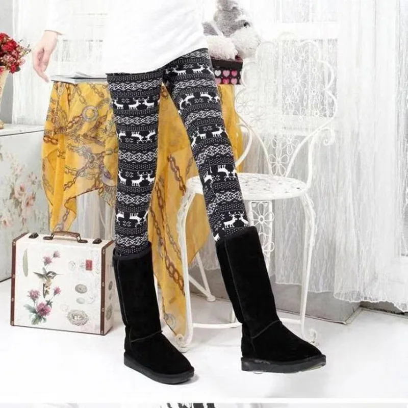 Женские теплые леггинсы на осень и зиму с принтом животных цветов оленей снега