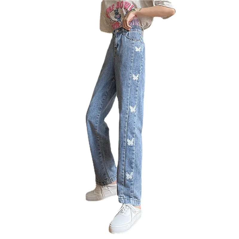 

Butterfly Embroidery Jeans Women's High-waisted Loose Wide-legged Straight Leg Was Thin and All-match Long Pants Trend