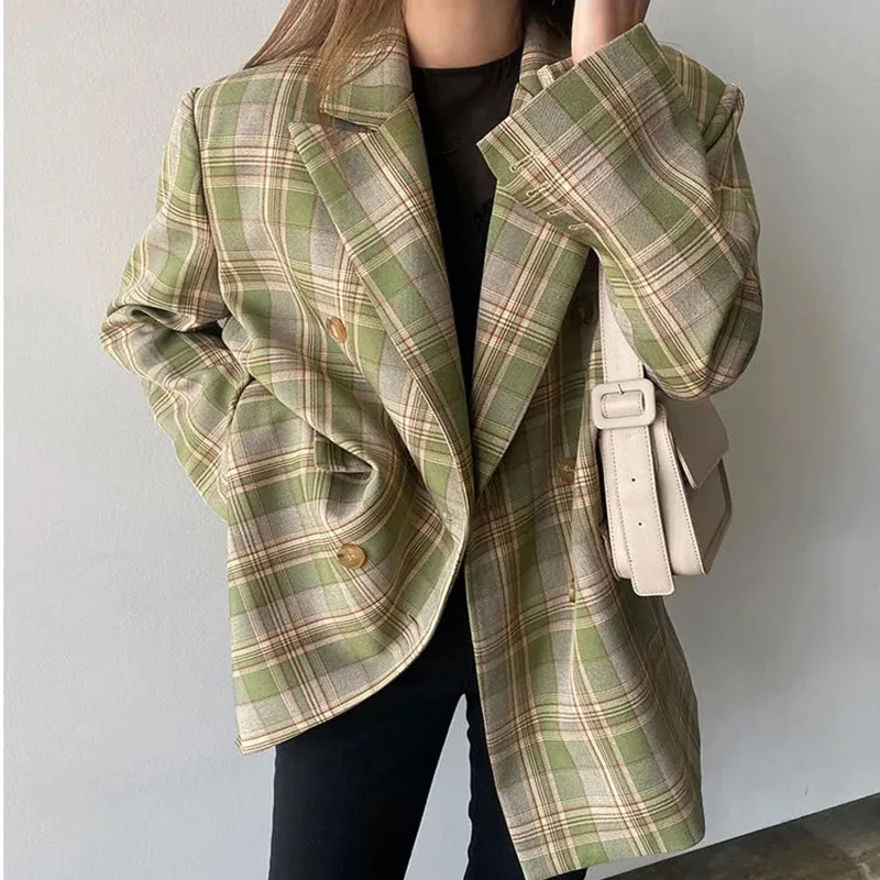 

Vintage Plaid Blazer Women Autumn Chic Long Sleeve Double Breasted Suit Blazers Female Korean Fashion Street Outwears Jacket New
