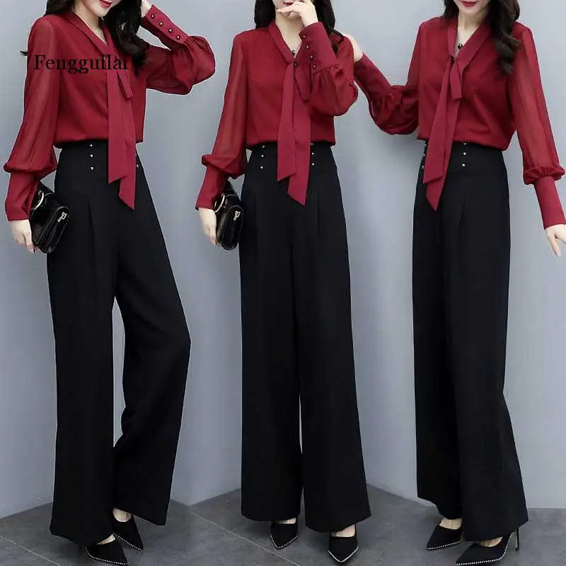 

Summer women's wide-legged suit Pant Suits 2 Piece Sets Chiffon Shirt & Wide leg pants Trousers Suit for Women Set Female Spring
