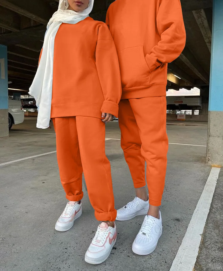 Muslim Sportswear Winter Hooded Sweater Sweatshirt Fleece Solid Color Causal Two Piece Set Top and Pants Modest Islamic Clothing