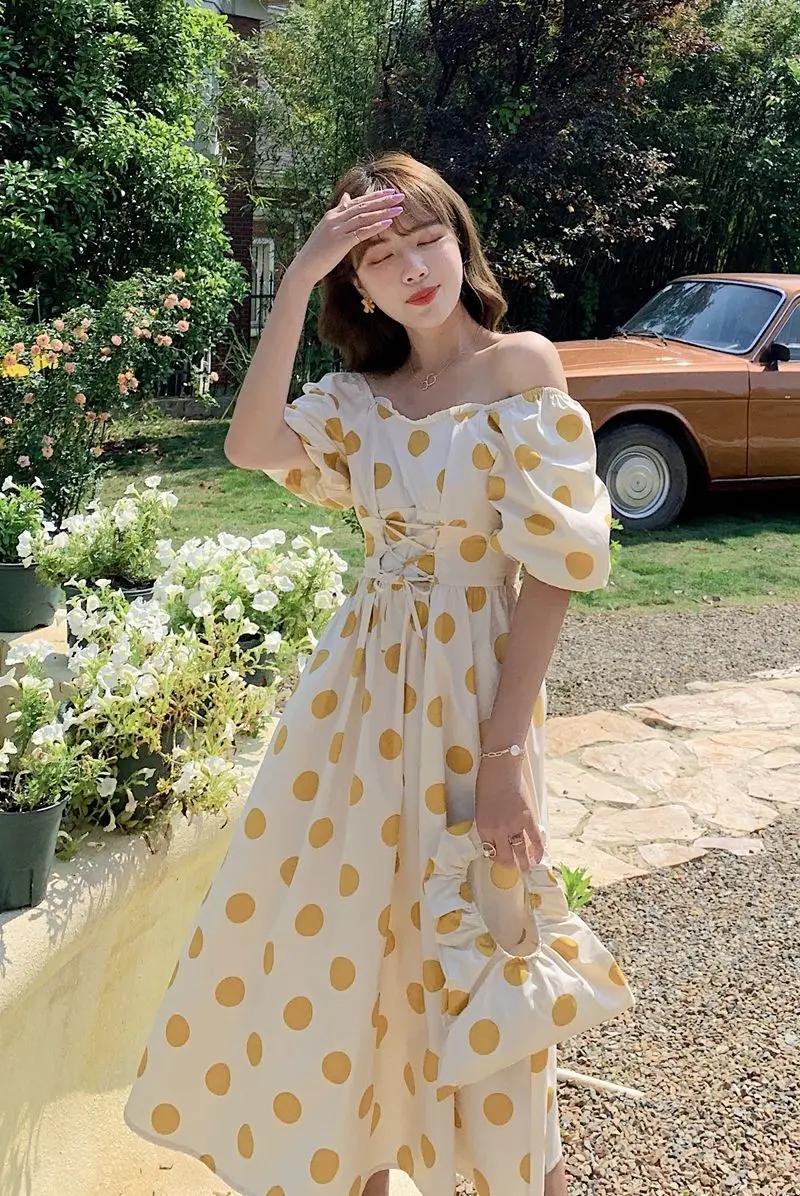 

COIGARSAM French Style Polka Dot Women dress Summer Short Sleeve Slash neck High Waist Dresses With Yellow 02160