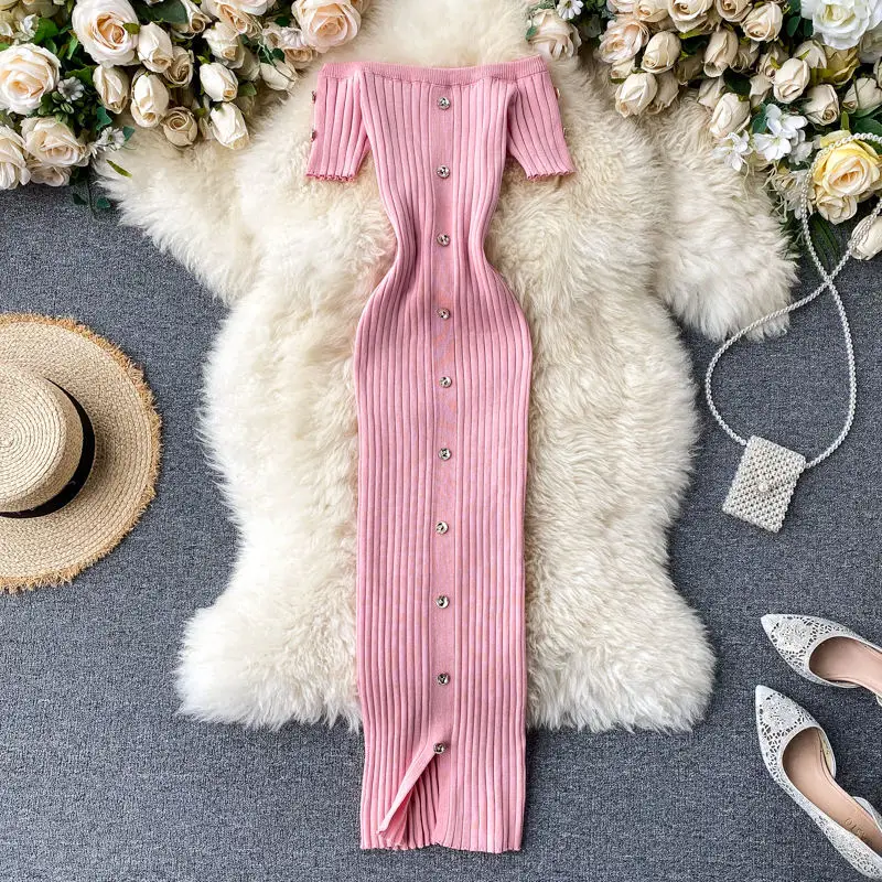 Женское трикотажное платье комбинация LUOSHA облегающее тонкое свитер на одно