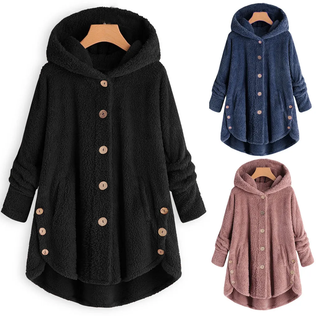 Feitong Women Warm Winter Fleece Hooded Parka Coat Womens Button Overcoat Fluffy Tail Tops Pullover Outwear Jacket | Женская одежда