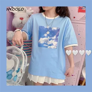 Футболка NYOOLO в стиле Харадзюку с принтом голубого неба и облаков, футболка в стиле пэчворк с коротким рукавом, женская летняя свободная Милая футболка для девочек с круглым вырезом, топы