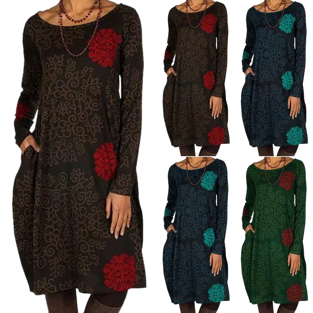 

VICABO Vintege Dress for Women Floral Printed Dress Long Sleeve Casual Loose Retro Vestidos Autumn Winter O-Neck Female Dresses