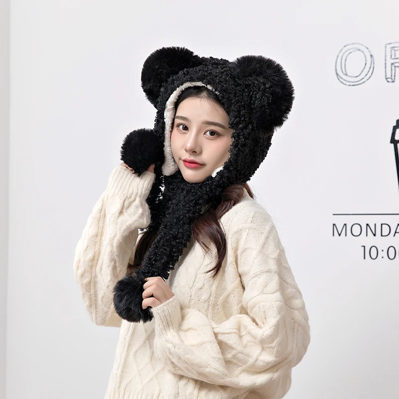 

Female Hat 2021 New Wild Winter Warm Round Face Big Face Thinner Hat Scarf One Sweet And Cute Kawaii Bear Ears Plush Ball Matte
