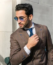 Chaqueta con solapa de pico para hombre, Blazer a cuadros marrón hecho a medida, conjunto de trajes para novio, ropa de fiesta de boda, 2 piezas (3)