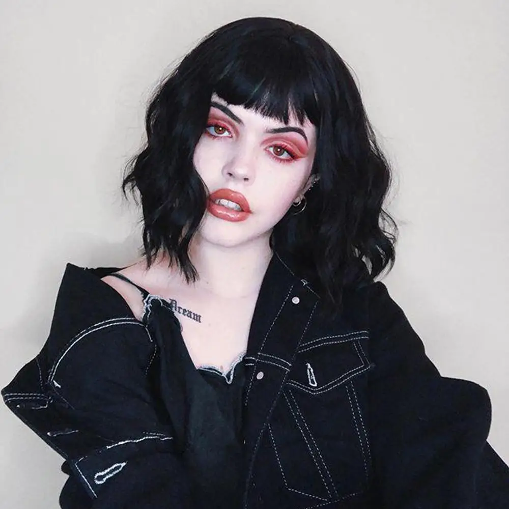 Черный парик с челкой короткий волнистый Боб парики для женщин синтетический