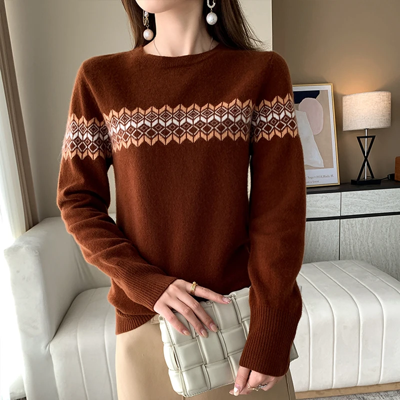 

2021 Autumn and Winter New Cashmere Sweater Woman O-Neck Pullover Casual Jacquard Ethnic Knit Top Korean Fashion Female Jacket