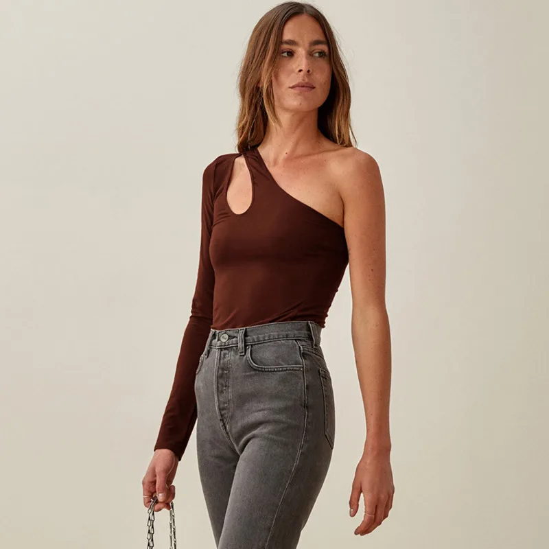 

Сексуальная летняя футболка с длинным рукавом, топ, женская футболка, вязаная, с вырезами, облегающая футболка, весна 2021, повседневные женск...