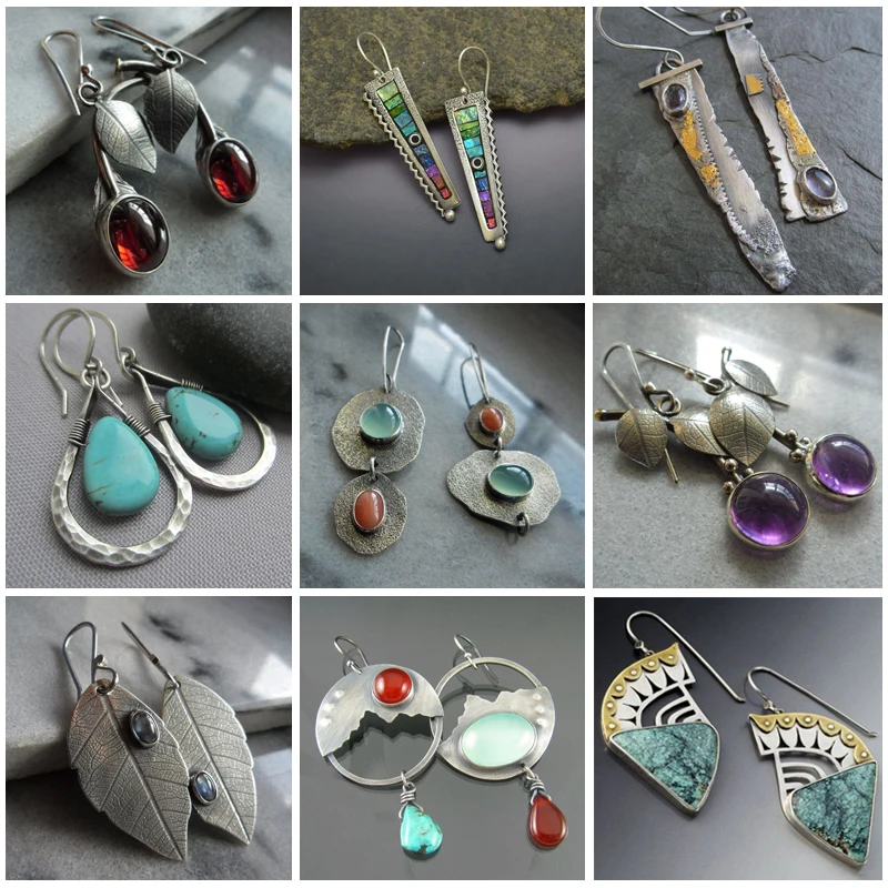 Серьги женские из синего камня с зелеными листьями растений в стиле бохо