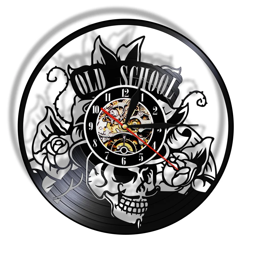 Old School Art Tattoo Studio Wall Sign Silent Vinyl Record Wall Clock Skull with Flower Watch Wall Art Decor Hipster Men Gift
