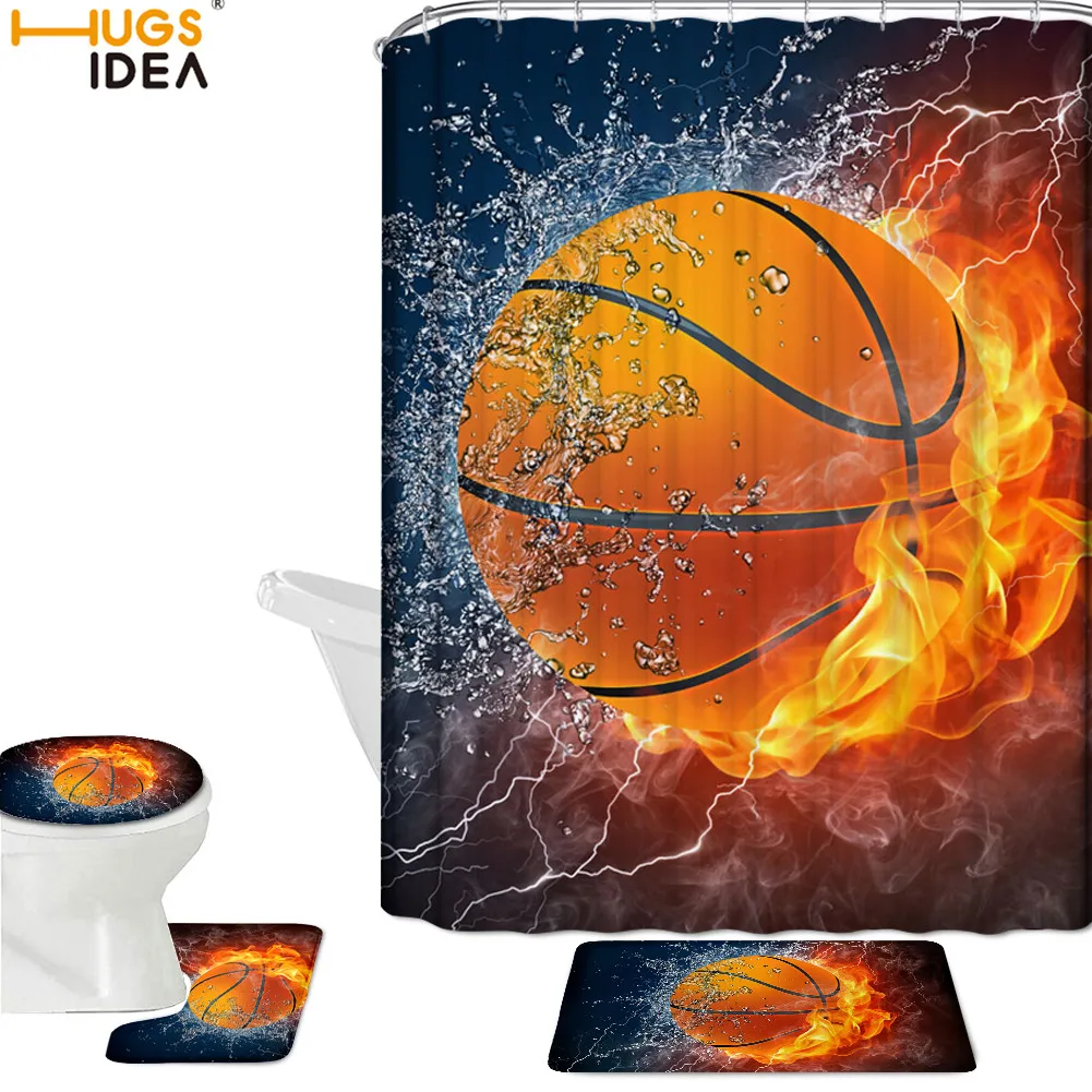 Economici HUGSIDEA 4 Pezzi Calcio/pallacanestro In Acqua Di Fuoco Pirnt Tenda Per Doccia E Coprisedile Per Wc Set Tappetini Antiscivolo Per Bagno Tappeti