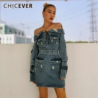 chicever sexy denim dress for women slash neck long sleeve high waist lace up patchwork pockets mini dresses female 2021 fashion
