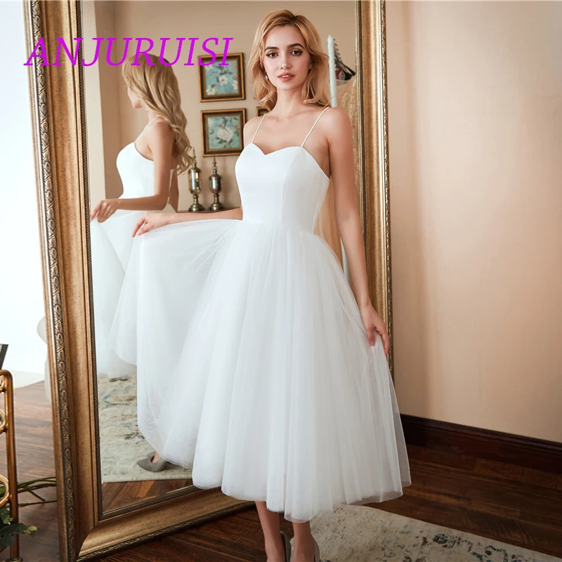 

ANJURUISI Short Beach Wedding Dresses 2019 Spaghetti Straps Vestido Noiva Praia Simple White Mid-Calf Bridal Gowns Lace Up Back