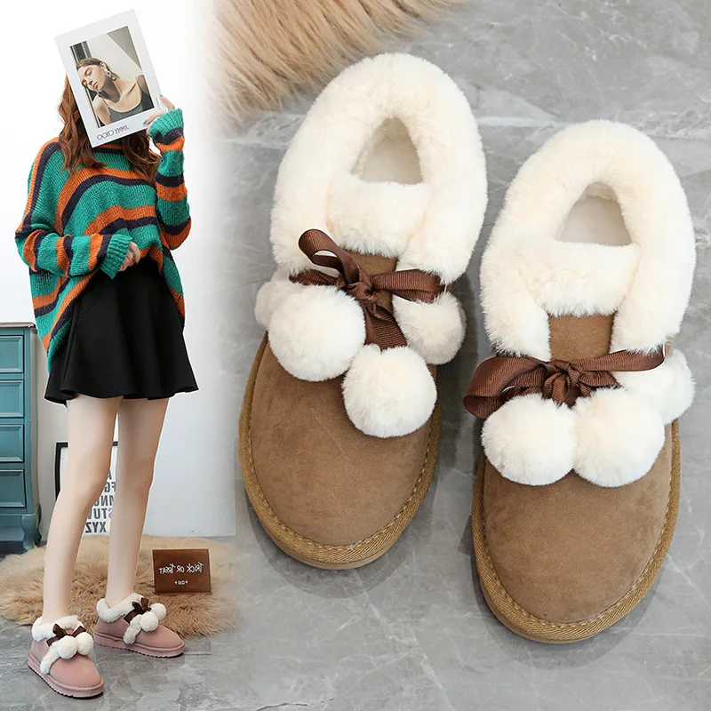 ZEEKSON New Snow Boots Women Short Thick Warm Cotton Shoes Autumn and Winter Hair Ball Cotton Shoes Short Tube Women's Shoe