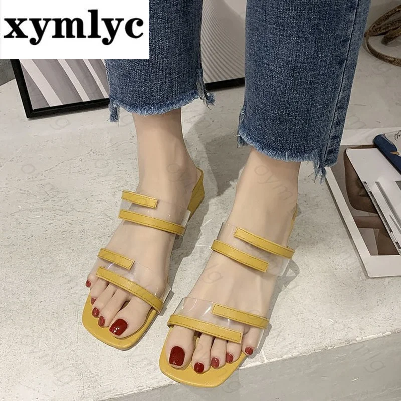 

2021 new Transparent slippers women high-heeled thick heel thick-heeled feet ladies mid-heel summer all-match open-toed sandals