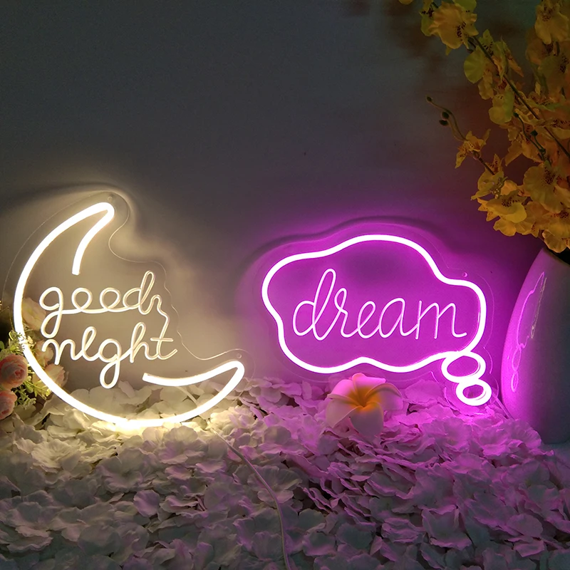 Led Neon Light Sign USB Powered Acrylic Wall Hanging Signs Hello Dream Good night Bedroom Holiday Party Decoracion New | Лампы и
