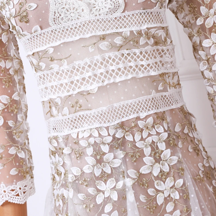 

V neck lace long white dresses party for lady vestidos 2021 New spring Woman Clothing embroidery mesh dress woman long sleeve