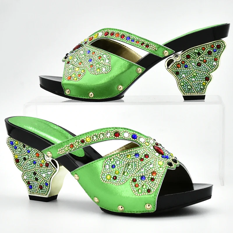 Latest Green Color African Matching Shoes and Bags Italian In Women Shoe Bag Set Decorated with Rhinestone | Обувь