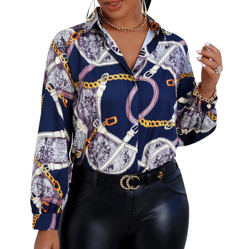 

Work Wear Female Tops Tee Shirt Turn-Down Collar Long Sleeve Ol Style Chain Printed Fashion Casual Office Shirt For Ladies D30