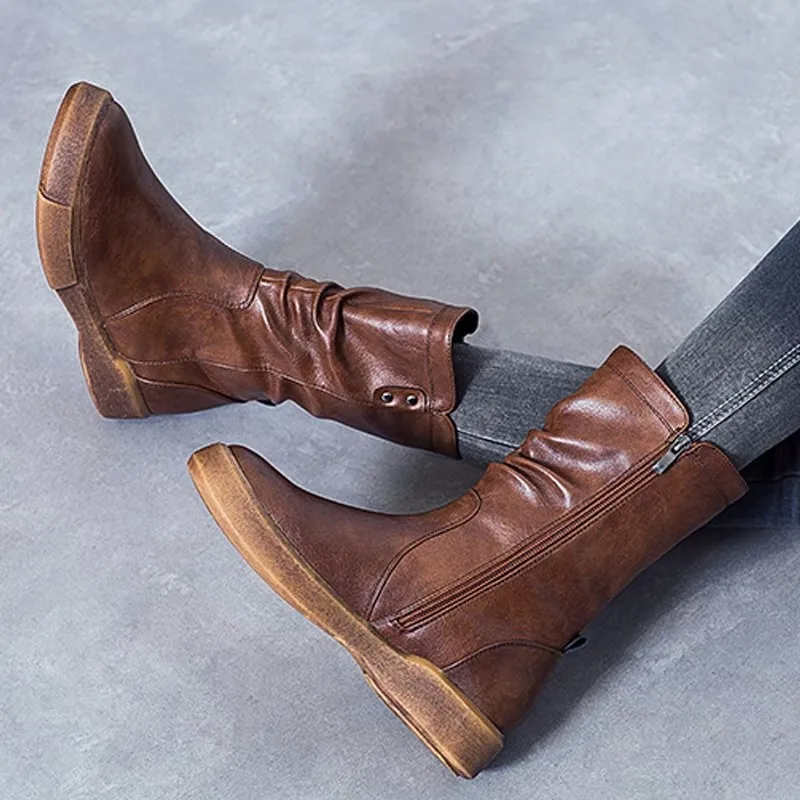 Ботинки до середины икры в стиле ретро на молнии Женские ботинки из кожи