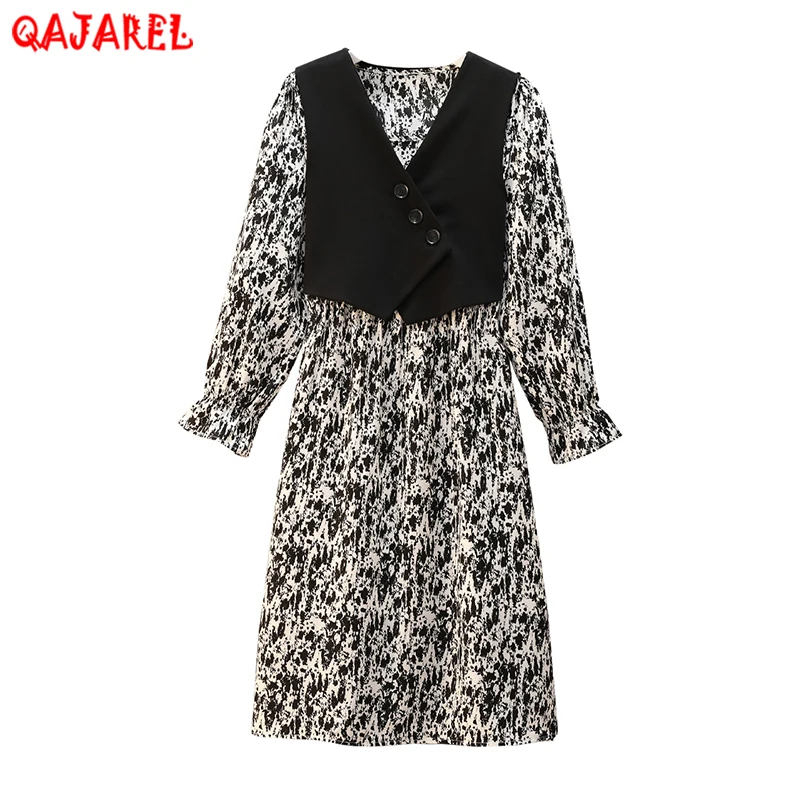 

Демисезонное черное платье-миди с цветочным принтом + облегающий мини-жилет, комплект из двух предметов, 2022, Женские Элегантные корейские ви...