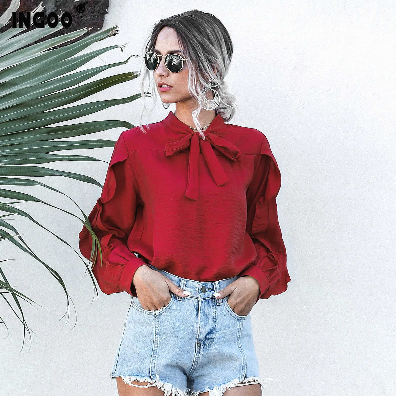 INGOO элегантная шифоновая блузка с бантом и оборками Повседневная винтажная