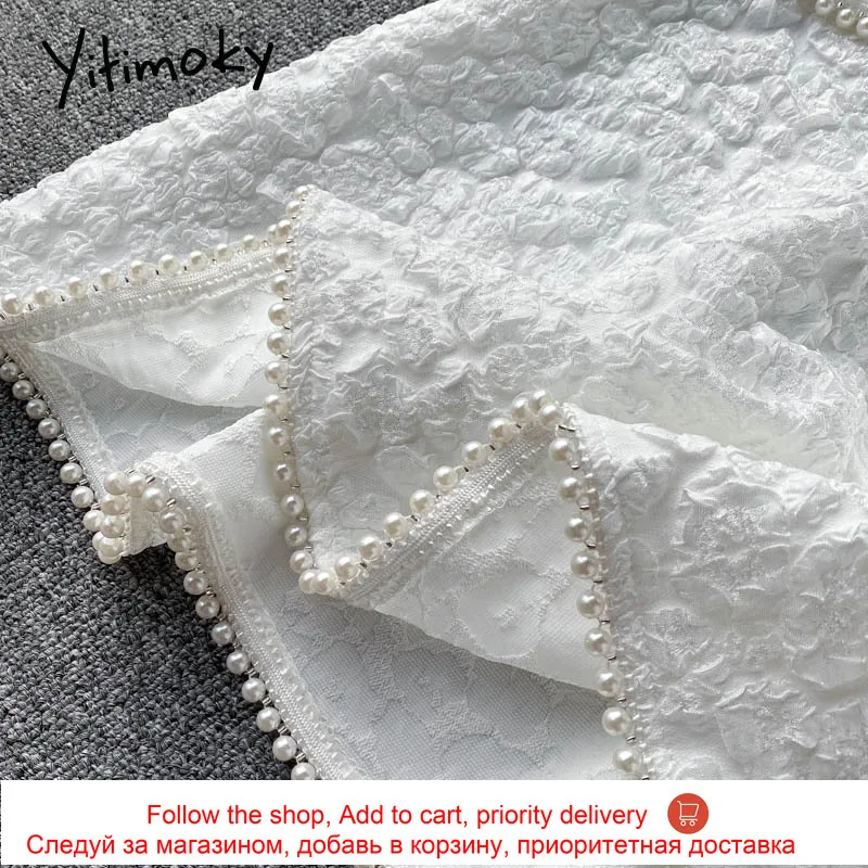 

Yitimoky Fashion High Waist Dresses Women Puff Sleeve Embroidered Flares V-Neck Solid White Clothing A-Line 2021 Summer Korean