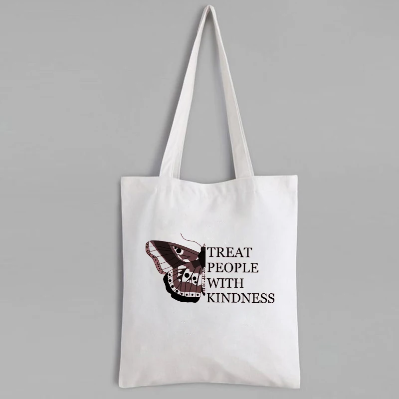 

Treat People with Kindness Tote Bags Butterfly Canvas Bags Custom Bag Eco Friendly Products Print Letter Shopping Bags New