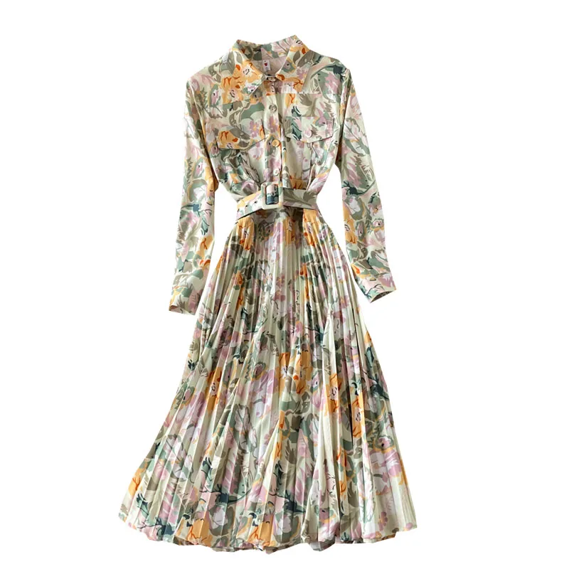 

Aibeautyer Spring Autumn Casual Floral Print Dress A Line Turn Down Collar Full High Waist Mid Calf Women Dresses