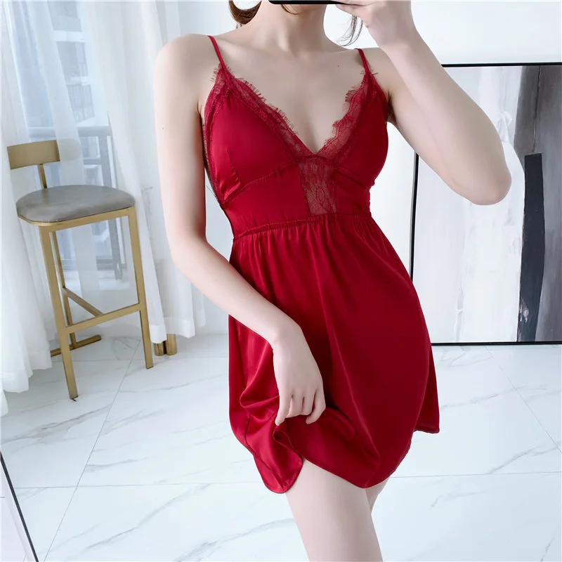 

Fashion Sexy Strap Top Robe Summer Womens Sleepwear Casual Faux Silk Home Wear Nightwear Bath Gown